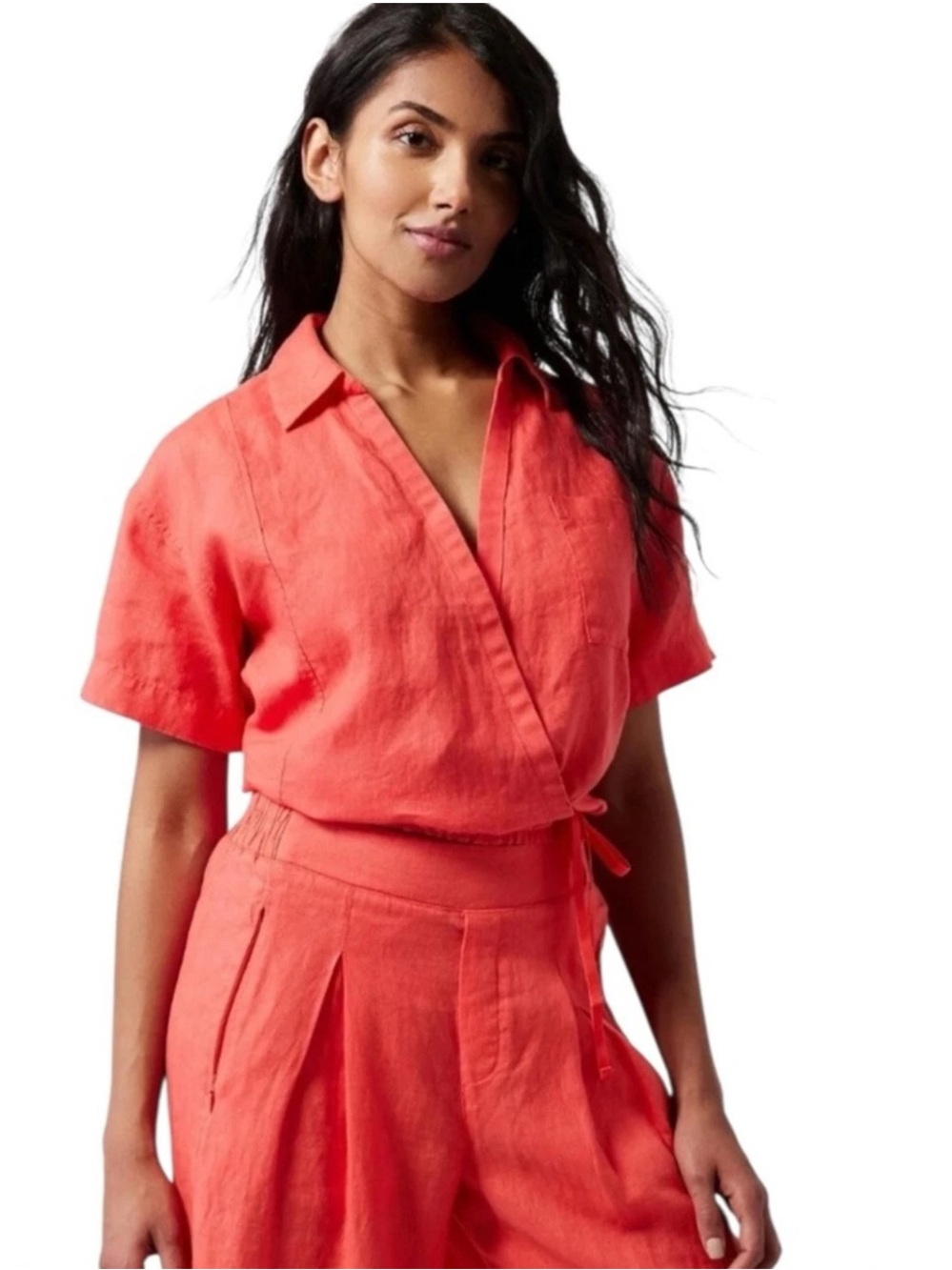 Athleta Playa Linen Tie Top in Passionfruit Coral M